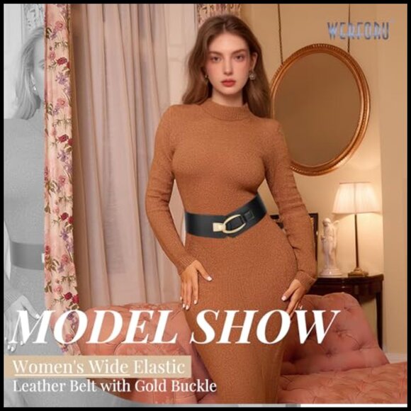 Gold Buckle Wide Elastic Belt Vintage Chic Stretch Waistbelt for Dresses